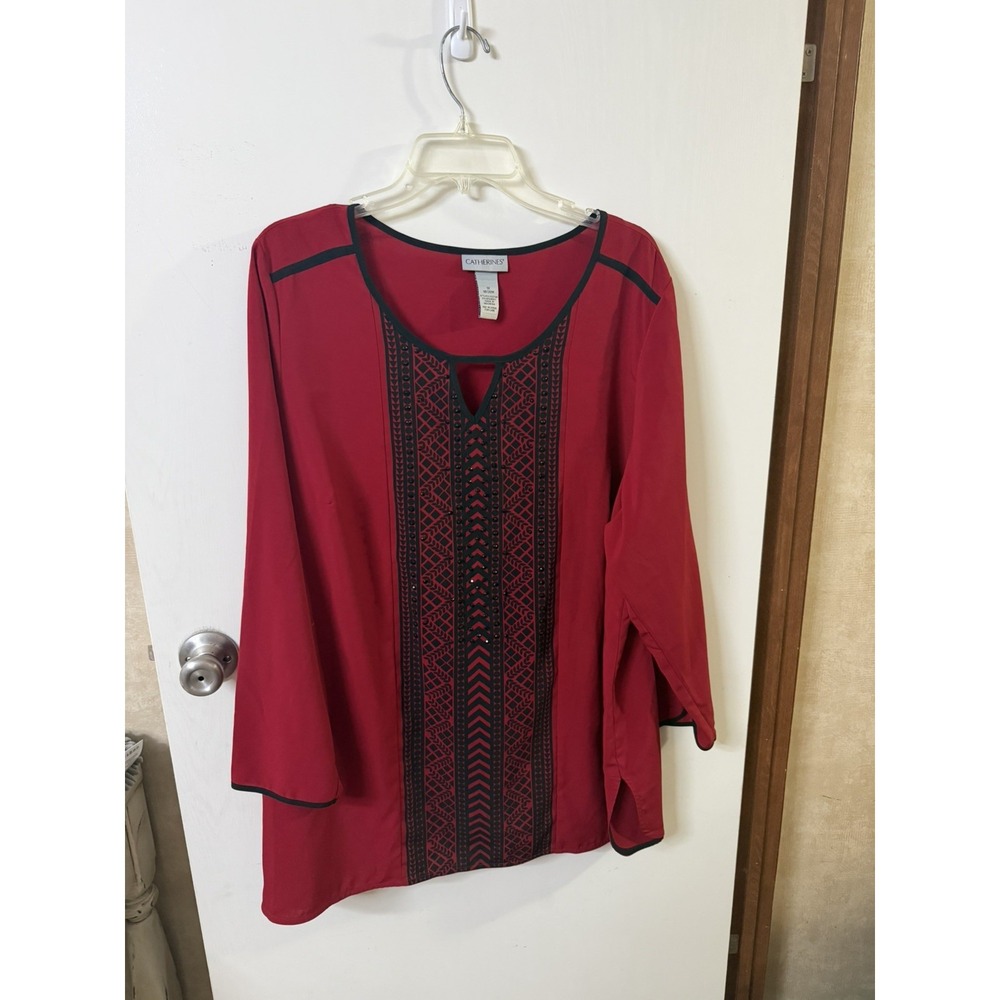 Catherines Deep Red With Embellished Beaded Women's Top Long Sleeve Size 1X